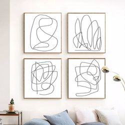 Abstract Line Art Set Of 4 Prints Line Drawing Poster Abstract Minimalist Digital Prints Set Of 4 Wall Art Square Print