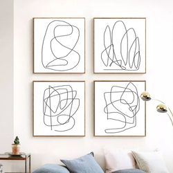 abstract line art set of 4 prints line drawing poster abstract minimalist digital prints set of 4 wall art square print