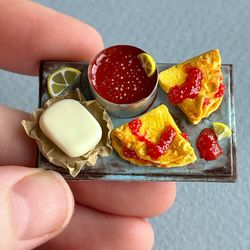 Doll miniature pancakes with red caviar for playing with dolls, dollhouse, scale 1:12, polymer plastic