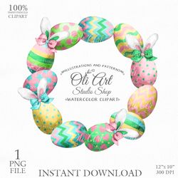 Easter Clip Art. Easter Wreath. Cute Bunny Ears. Png File, Hand Drawn graphics. Digital Download. OliArtStudioShop