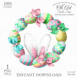 Easter Clip Art. Easter Wreath. Cute Bunny Ears. Png File, Hand Drawn graphics. Digital Download. OliArtStudioShop