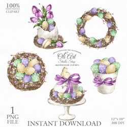 Easter Clip Art. Easter Wreath. Cute Bunny. Png File, Hand Drawn graphics. Digital Download. OliArtStudioShop