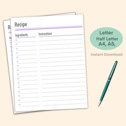recipe template, recipe template printable, printable recipe, recipe page, cookbook template, recipe card template, reci