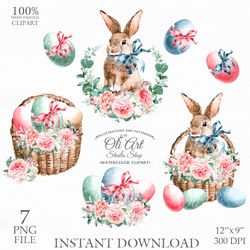 Easter Clip Art. Easter Wreath, Basket. Cute Bunny. Png File, Hand Drawn graphics. Digital Download. OliArtStudioShop
