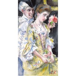 Beautiful lady and gentleman flirting. Original watercolor painting 8,7x4,5''