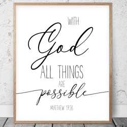 With God All Things Are Possible, Matthew 19:26, Bible Verse Printable Art, Scripture Print, Christian Gift, Kids Room