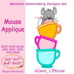 Mouse applique machine embroidery design in 8 formats and 4 sizes