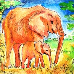 African Elephant Original Watercolor painting Elephant Family Original Art Animal African landscape wall art 5 by 7