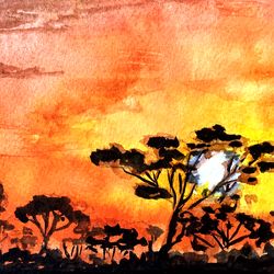 African Sunset Original Watercolor painting Savannah Original Art African landscape wall art 5 by 7
