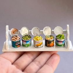 Miniature set of 5 cans of vegetables for a dollhouse on a scale of 1:12