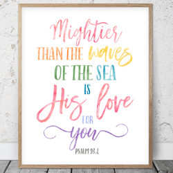 Mightier Than The Waves Of The Sea Is His Love For You, Psalm 93:4, Bible Verse Printable Art, Scripture Christian Print