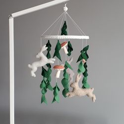 Baby mobile with hare and leaves, mushroom Woodland nursery, Baby shower