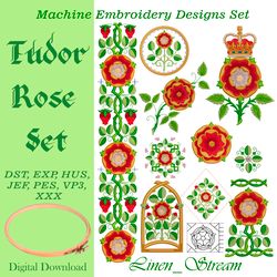 Tudor Rose Machine Embroidery Design for historical costumes in 8 formats