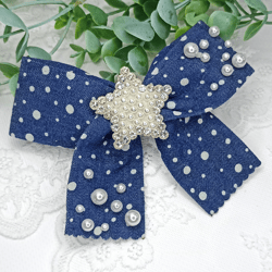 Denim Hair Bow with pearls
