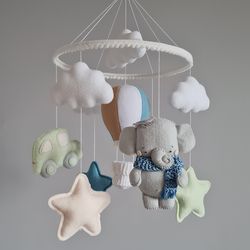 Felt baby boy mobile with car elephant boat hot air balloon Baby shower gift