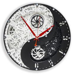 Automaton Yin and Yang Moving Gears Wall Clock, Large Black and White Kinetic Wall Art, Personalized Engraving Gift