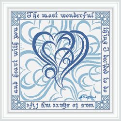 Cross stitch pattern Panel Heart curls hearts frame inscription quote monochrome blue red counted crossstitch patterns