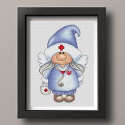 nurse gnome cross stitch pattern pdf, medical gnome, nurses day gift, funny cross stitch, counted cross stitch