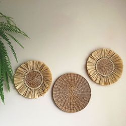 Wall set of 3 baskets for living room decor. Wicker handmade plates