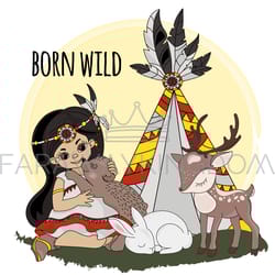 born wild pocahontas indians princess vector illustration set