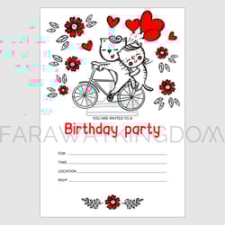 boy invites birthday cat on bicycle cartoon text banner vector