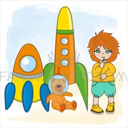 BOY SPACE Children Dream Game Cartoon Vector Illustration Set