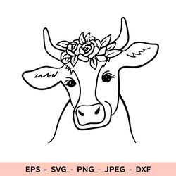 Cow Svg Farm Animal Dxf File for Cricut Outline Cute Cow Face Png Flowers Cow