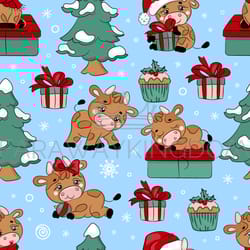 bull and christmas tree seamless pattern vector illustration