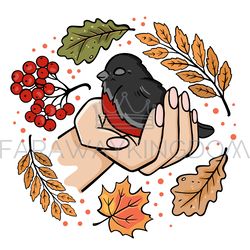 bullfinch in the palm autumn bird vector illustration set