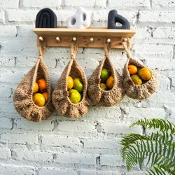 Set of 3 Jute crochet hanging basket | jute hanging kitchen basket | jute tear drop basket | jute crochet fruit basket