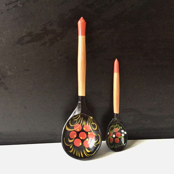 Vintage hand painted wooden spoons motifs Khokhloma