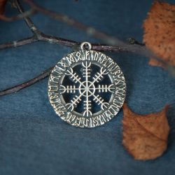 Aegishjalmur Helm of Awe in rune circle pendant. Scandinavian warrior jewelry. Norse necklace. Viking sign Man present.