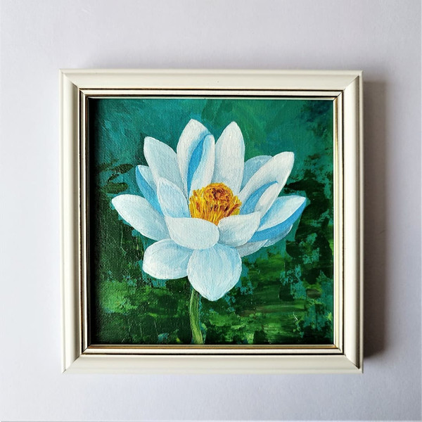 Flower-painting-on-canvas-white-water-lily-framed-art