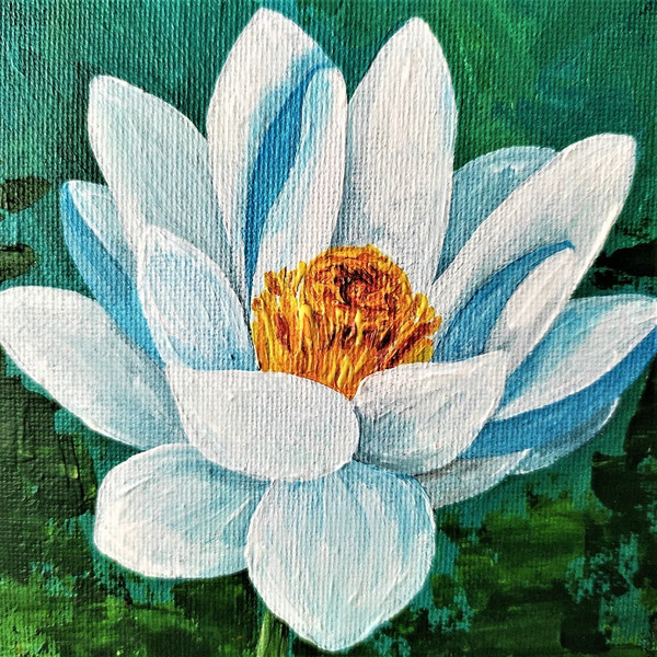 Impasto-painting-on-canvas-board-water-lily-on-pond-close-up-wall-decoration