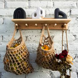 jute fruit hanging basket for fall | vegetable jute mesh hanging basket | handmade kitchen hanging basket