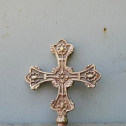 Brass small christian cross tip vintage, Bronze old antique Cross Top, Church crucifixion pommel finial head