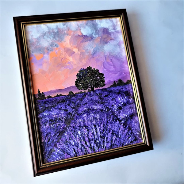 Palette-knife-painting-landscape-lavender-field-tree-clouds-in-the-sky-sunset-art-impasto