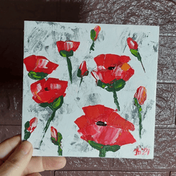 Original oil painting Flowers. Poppies. hand painted small painting art 6" x 6"