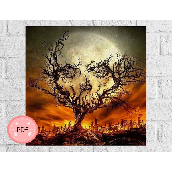 Hunted Moon Drawing Cross Stitch Pattern ,Haunted Moon Halloween, Skull X stitch | Inspire ...