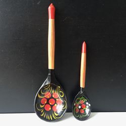 Vintage hand painted wooden spoons motifs Khokhloma | Set of two | Made in Russia