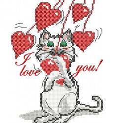 Cat with a Heart for Valentine's Day Cat with Balloons Machine Embroidery Design March Cat Instant Download Cross-stitch