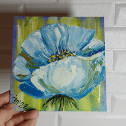 Original oil painting Blue Flowers. hand painted small painting art 6" x 6"