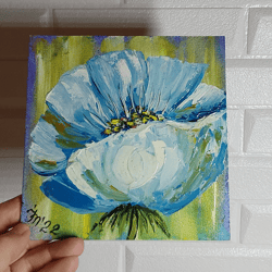 original oil painting blue flowers. hand painted small painting art 6" x 6"