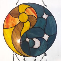 Stained Glass Dreamcatcher Yin Yang, Suncatcher Sun and Moon, Feather Ornament Unique Unusual Gift