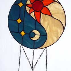 Stained Glass Dream Catcher Yin Yang, Suncatcher Sun and Moon, Window Hanging Decoration, Unique Unusual Gift