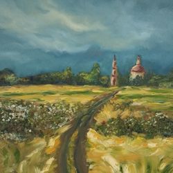 The Road To The Church Original Oil Painting Rural landscape Wall Art Country Still Artwork Summer Landscape Painting