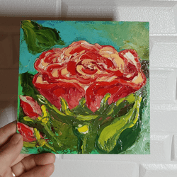 Original oil painting Flowers. Red rose. hand painted small painting art 6" x 6"