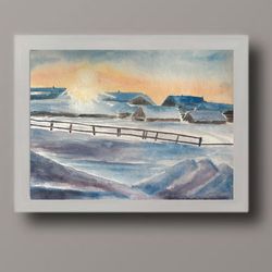 Winter village original watercolour painting