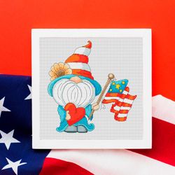 Patriotic gnome, Independence day, Cross stitch pattern, Counted cross stitch