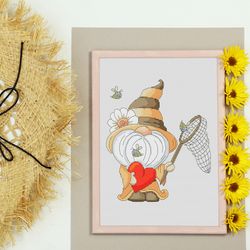 bumble bee gnome, cross stitch pattern, modern cross stitch, counted cross stitch, summer cross stitch,